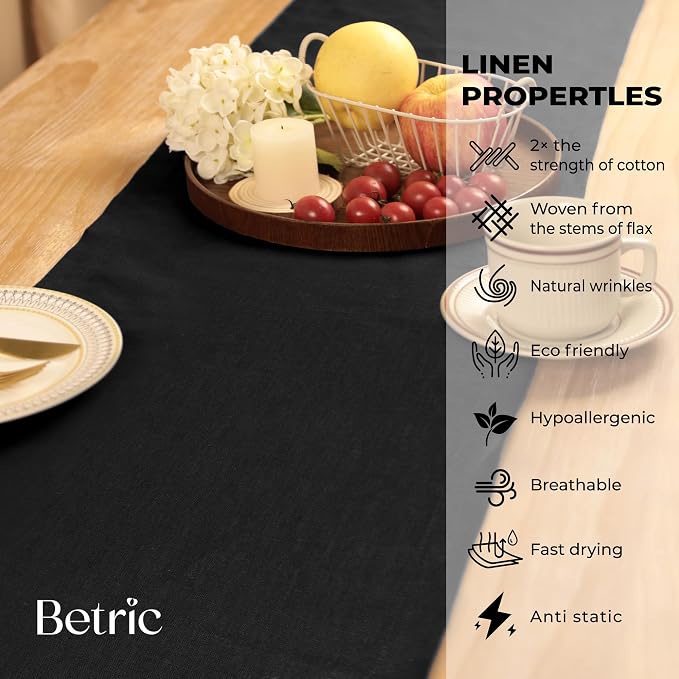 Coffee Table Runner,100% Pure Linen Table Runner 90 Inches Long,Farmhouse Style,14×90 Inches, Perfect for Spring, Summer, Dining Table, Holiday Decor and Dresser -Athena -Black
