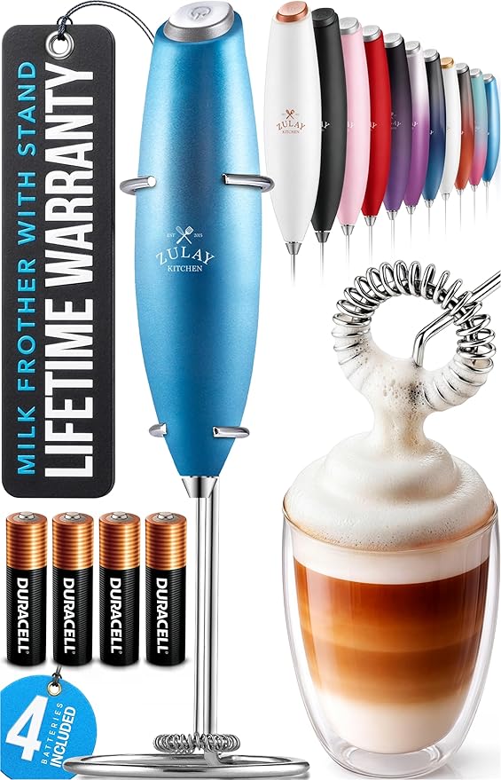 Zulay Kitchen Powerful Milk Frother Wand With Duracell Batteries - Ultra Fast Handheld Drink Mixer - Electric Whisk Foam Maker for Coffee, Lattes, Cappuccino & Matcha - Z1 Motor - Metal Blue