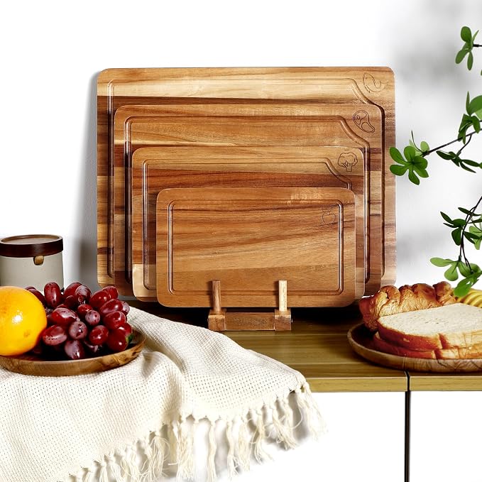 Wood Cutting Board Set of 4, Wooden Chopping Boards with Food Icons for Kitchen, Charcuterie Board for Meat, Vegetables, Fruits, Cheese