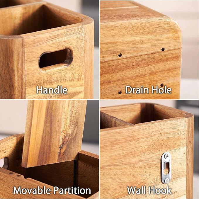 16" Wooden Kitchen Utensil Holder, Extra Large Acacia Wood Organizer for Cooking Tools, Utensils & Cutlery Storage – 4-Compartment Countertop Holder