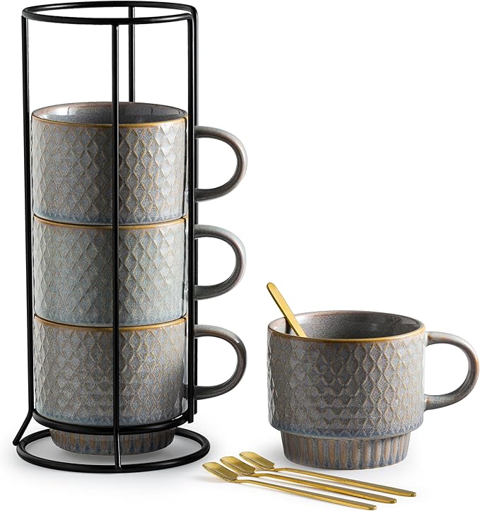 Gomakren Coffee Mugs Set of 4, 13 Ounce Stackable Coffee Mugs with Stand, Ceramic Coffee Cups with Spoon for Coffee, Espresso, Cappuccino, Latte, Cocoa, Tea and Milk, Light Gray