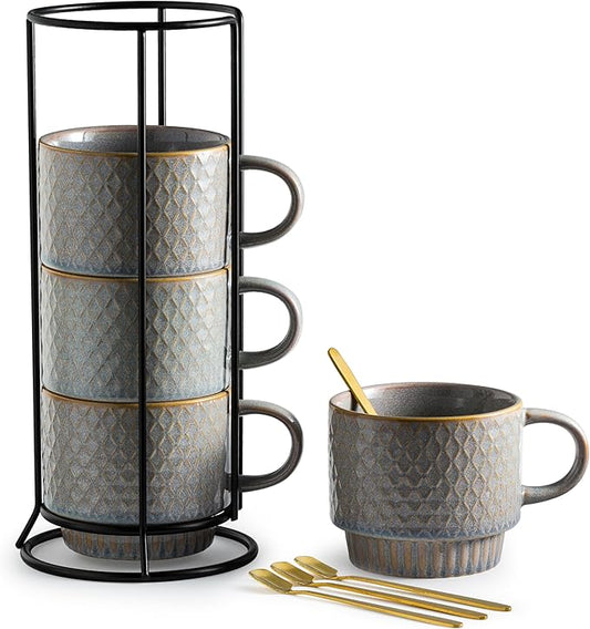 Gomakren Coffee Mugs Set of 4, 13 Ounce Stackable Coffee Mugs with Stand, Ceramic Coffee Cups with Spoon for Coffee, Espresso, Cappuccino, Latte, Cocoa, Tea and Milk, Light Gray