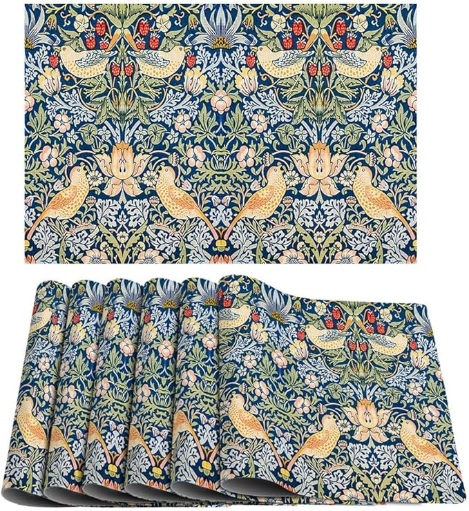 Vintage Strawberry Bird Placemats Set of 6 William Morris Floral Washable Heat Resistant Place Mats for Dining Table Boho Rustic Nature Botanical Linen Woven Wipeable Kitchen Table Mats Blue