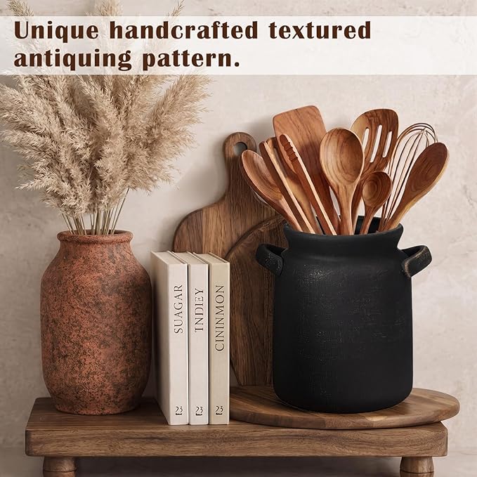 Qinyoung Rustic Kitchen Utensil Holder 6 Inch Small Ceramic Utensil Holder with Handle Vintage Crock Decoration Spatula Organizer for Kitchen Countertop Farmhouse Party Supplies(Black,Single Handle)