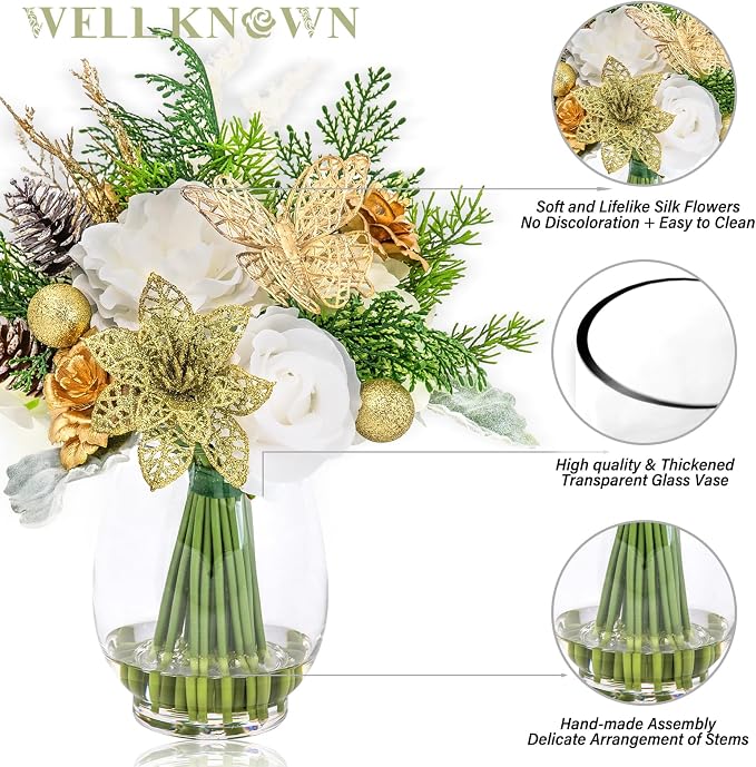 Fake Flowers in Vase with Fake Water, Golden Poinsettia & Butterfly, Artificial Rose Flowers Arrangement for Dining Table Centerpiece Wedding Party Winter Spring Home Decor Gift (Gold White & Green)
