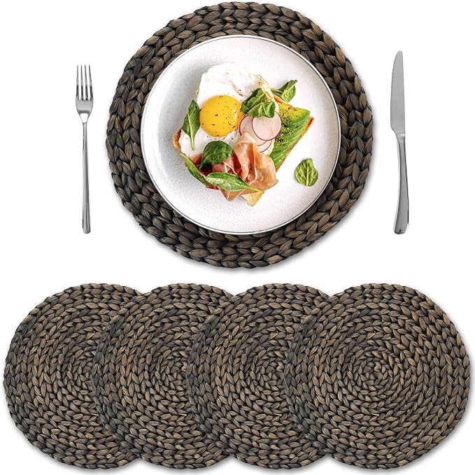 Round Woven Placemats Set of 4, Natural Water Hyacinth Place Mats, Boho Wicker Placemats, Table Mats for Dining Table (13.8 inch) Black by YANGQIHOME