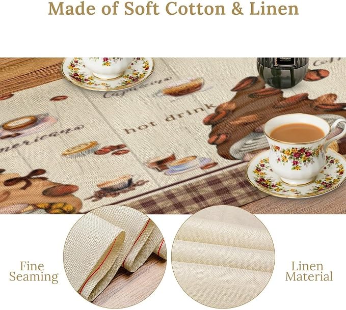 Coffee Gnome Table Runner, Vintage Rustic Cute Coffee Biscuit Cake Dessert Drinks Chef Table Decor Table Top Dining Kitchen Wedding Party 13x36 in