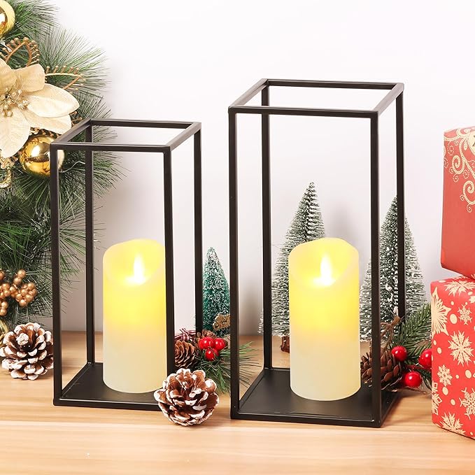 Eufrozy Lanterns Decorative Indoor Set of 2 Black Metal Lantern Candle Holder, Modern Farmhouse Lantern Decor for Christmas Living Room Fireplace Mantle Home Outdoor Patio Table Wedding Porch