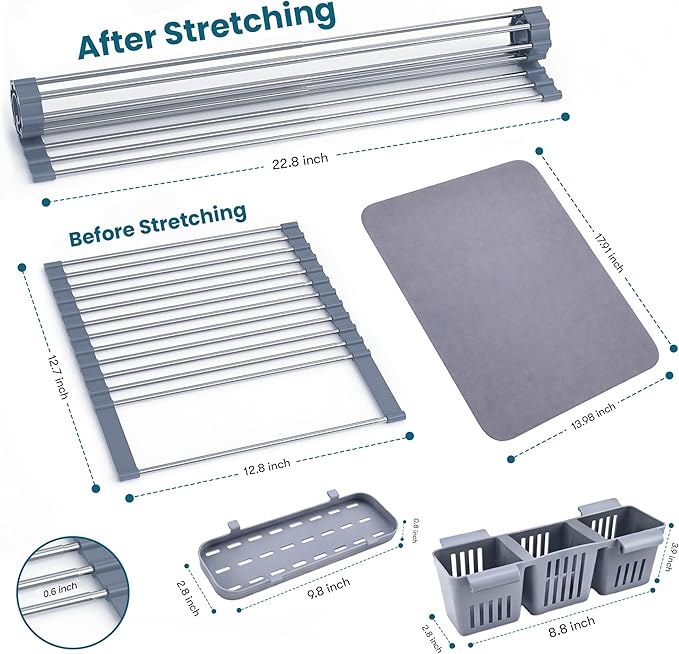 Havenity™ Expandable Roll Up Dish Drying Rack with Drying Mat - Adjustable Up to 22.75" with 2 Free Attachments & 2 Removable Baskets, 304 Stainless Steel Over The Sink Dish Drying Rack Cover Kitchen