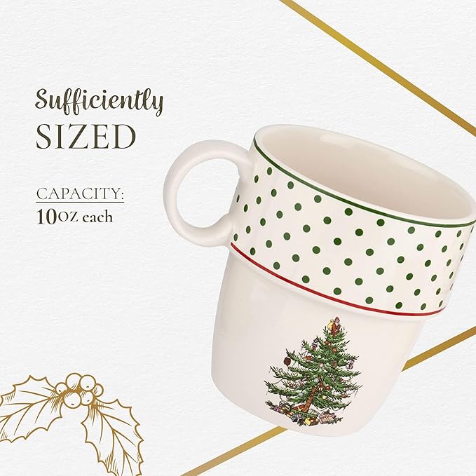 Spode Christmas Tree Polka Dot Stackable Mugs, Set of 4 - Festive 10oz for Hot Chocolate & Coffee, Space-Saving Design, Dishwasher, Microwave, Freezer Safe - Fine Earthenware Holiday Mugs
