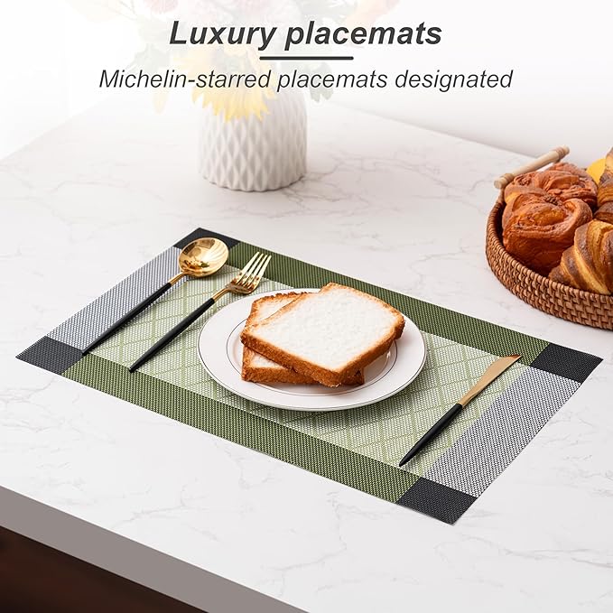 CADONO Placemats Set of 6 Washable Indoor/Outdoor Vinyl Place Mats for Dining Table Durable Non-Slip Heat Resistant PVC Weave Table Mats（Rhombus-Green）