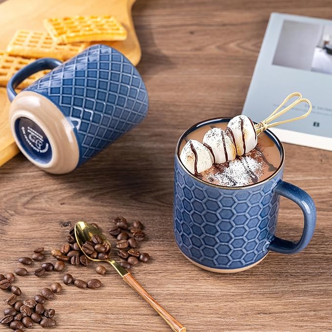 GBhome Stoneware Coffee Mugs Set of 4, 12oz Handmade Ceramic Coffee Mugs Set with Large Handle for Cappuccino/Latte/Tea/Hot Cocoa, Dishwasher & Microwave Safe, Moonlight Blue