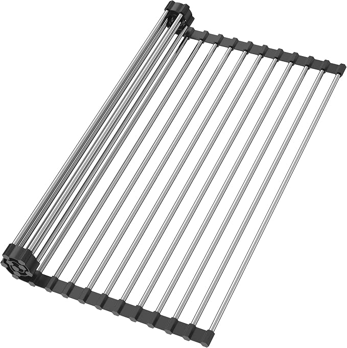 Dish Drying Rack with Roll Up and Over Sink for Kitchen 17"X15.7" (Black)