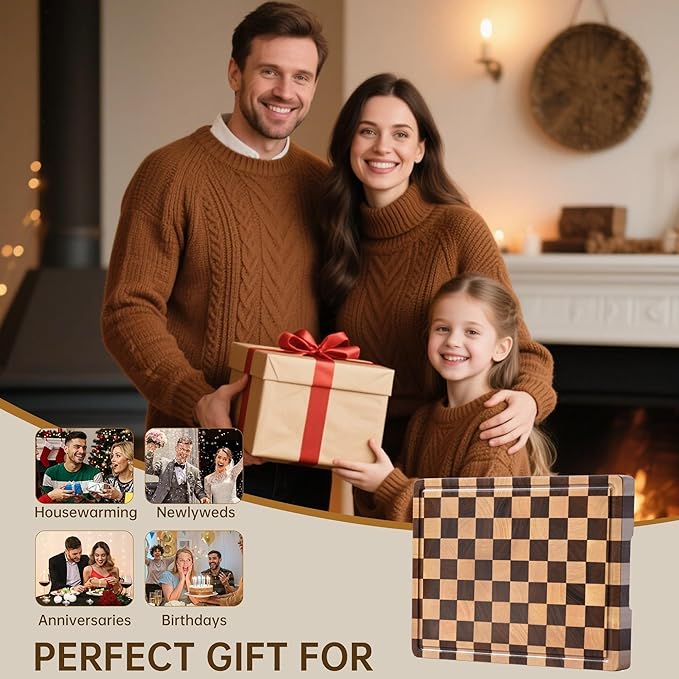 Checkered Cutting Board, Wooden Cutting Boards for Kitchen, Acacia Wood Cutting Board with Handle & Juice Grooves, Small Charcuterie Boards with Gift Box, 14" X 11" X 0.8"