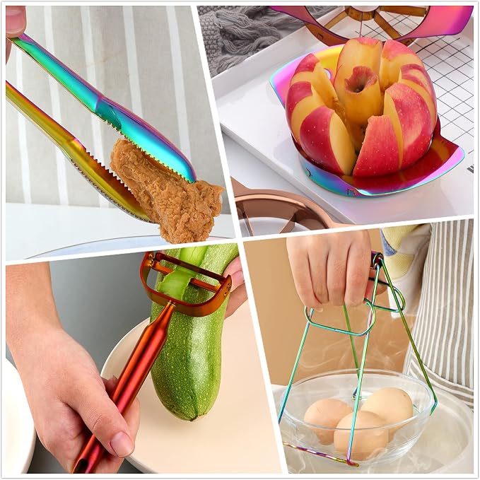 Rainbow Garlic Press Bottler Wine Opener Measuring Spoons Lemon Squeezer Vegetable Peeler Apple Cutter Kitchen Tongs Hot Plate Gripper Ice Tongs Kitchen Accessories Tools Set, Dish Washer Safe