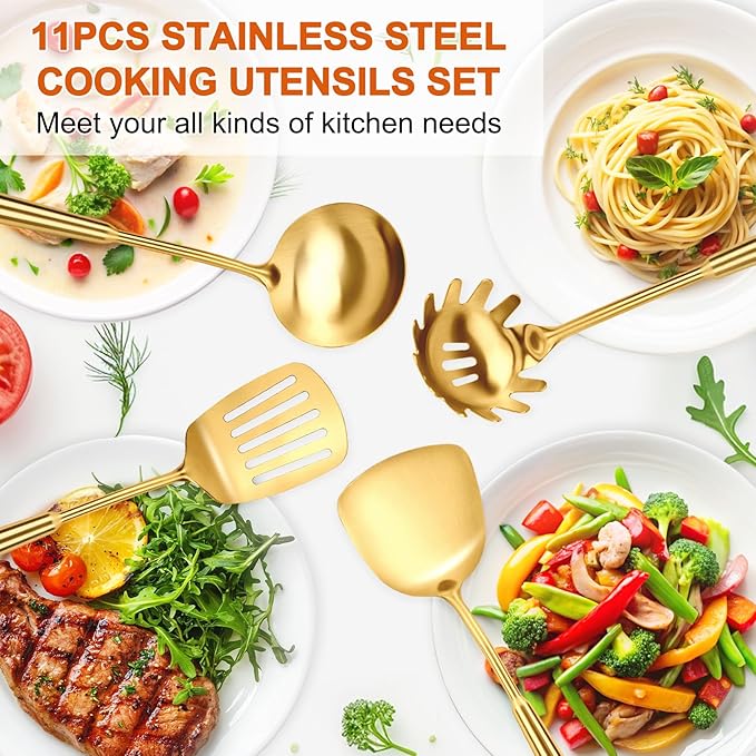 304 Gold Cooking Utensils Set, 11PCS Stainless Steel Kitchen Utensils Set, Metal Kitchen Utensils Set Include Meat Fork, Tongs, Turner, Soup Ladle, Dishwasher Safe
