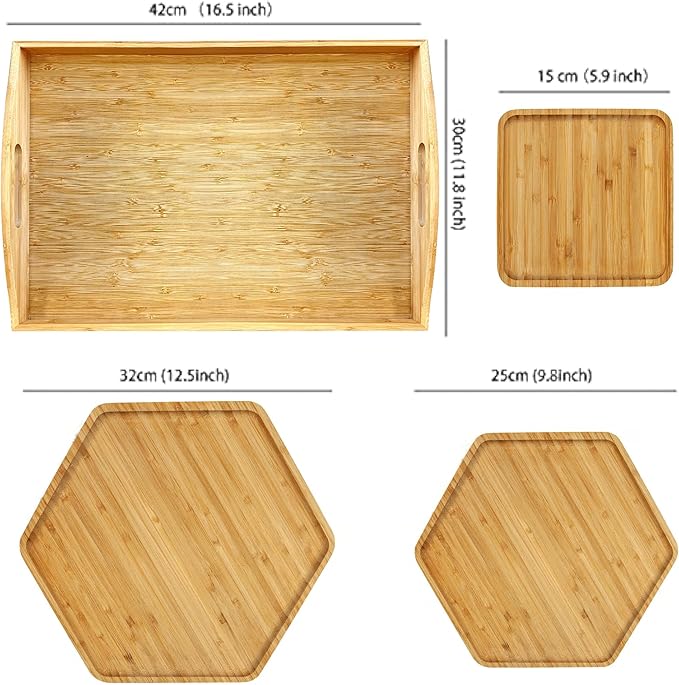 Bamboo Serving Trays Cutting Boards 16.5"x11.8"（42x30cm with Handle, Set Includes 0.63"(1.6cm) Thick Plates 1xHexagon 12.5"(32cm)+1xHexagon 9.8"(25cm)+1xSquare 5.9"(15cm) for Family Dinner