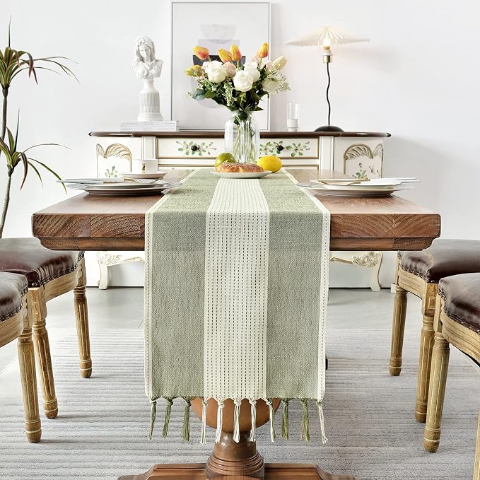 Wracra Linen Table Runner, Farmhouse Macrame Table Runners 48 Inches Long for Dining Table Decor, Wedding, Party and Dresser Decor (Sage Green,48")