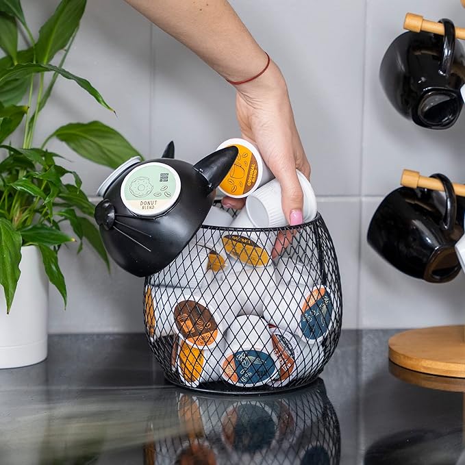 Made Easy Kit Cat Coffee Pod Holder Basket – Metal K-Cup Organizer for Countertop Coffee Bar – Cute Kitchen Décor Storage for Keurig Pods, Creamers & Capsules (25 Pod Capacity)