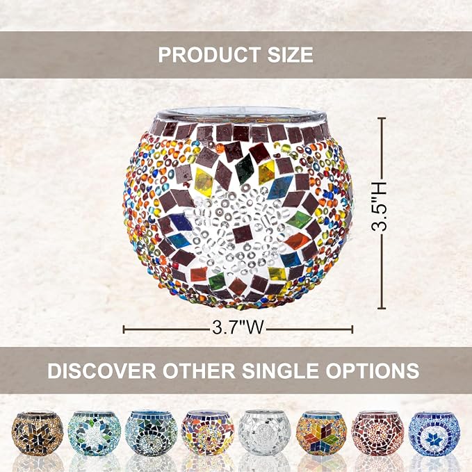 KAFTHAN Mosaic Glass Large Single Candle Holder - Round Bowl, Plant Pot, Votive Candle Holder - Decorative Vase & Unique Centerpiece for Wedding, Ball & Home - (3.7" x 3.5", Multicolor Star Circle)