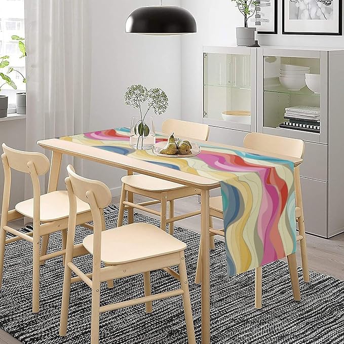 Retro Wavy Table Runner Abstract Colorful Rainbow Waves Swirl Cute Boho Groovy Aesthetic Dinner Runner for Farmhouse Country Home Kitchen Dining Table Holiday Party Decor 13x36in