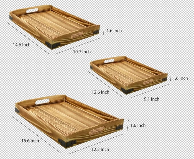 Owlgift Rustic Burnt Wood Serving Trays with Brass Metal Wrap Accents, Set of 3