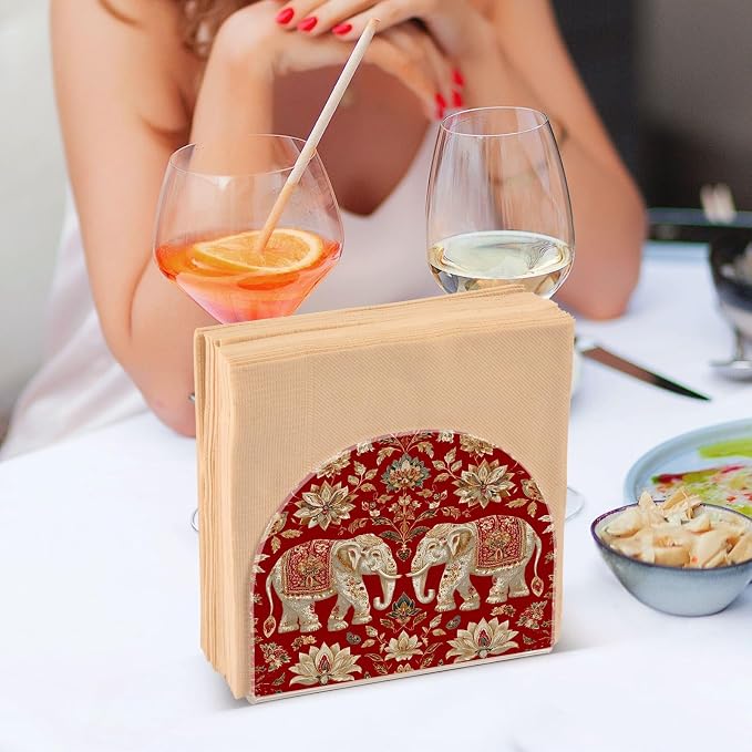 Napkin Holder Acrylic Napkin Holder for Table Kitchen Party Restaurant U Shaped Upright Napkin Dispenser Organizer Red Retro Elephant Flowers