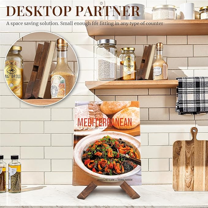 PUERSI Cookbook Stand for Kitchen, Recipe Book Holder for Kitchen Counter, Wooden Cookbook Holder, Rustic Cook Book Holder Stand - Rustic Brown - 1 Set
