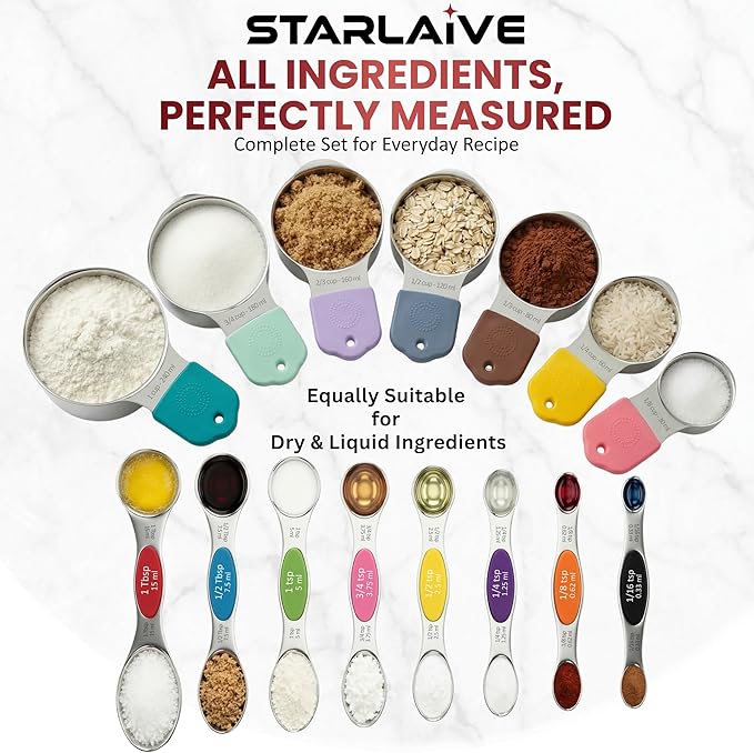 Magnetic Measuring Cups and Spoons Set of 16, 304 Stainless Steel with Multicolor Silicone Handles, 7 Cups, 8 Double-Sided Spoons and Leveler, Laser-Engraved, Stackable, Dishwasher Safe for Baking