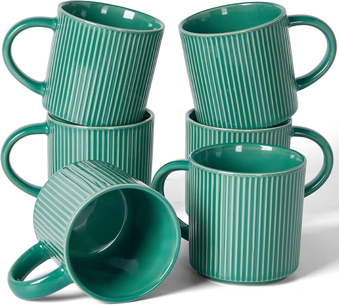 famiware Coffee Mug Set for 6, Star 12 oz Catering Mugs Cup Set with Handle for Coffee, Tea, Cocoa, Milk- Ceramic Stoneware Drinkware Set, Sage Green