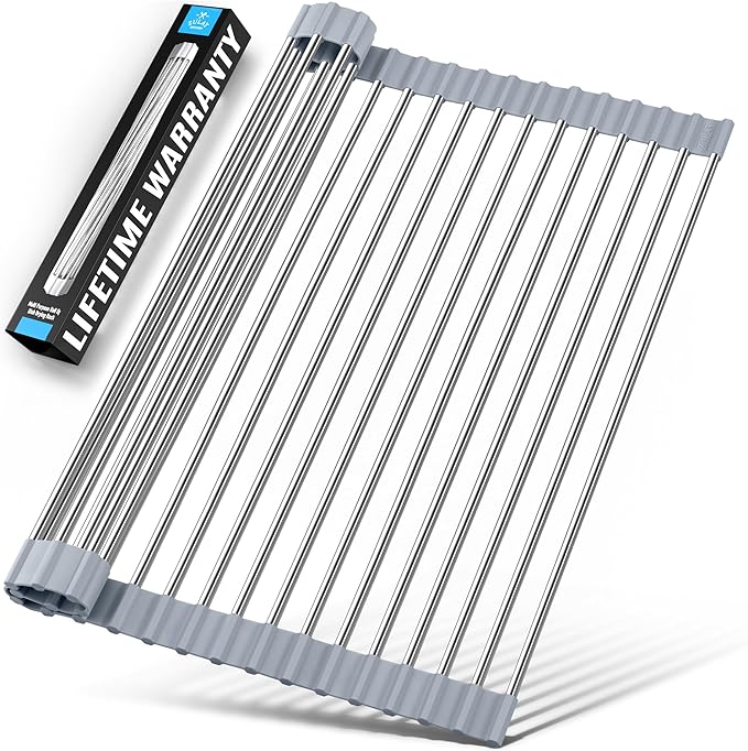 Zulay Kitchen Over The Sink Dish Drying Rack, Roll Up Heavy Duty Stainless Steel Design for Easy Storage & Durability | Dishwasher Safe 17.5” x 12.5