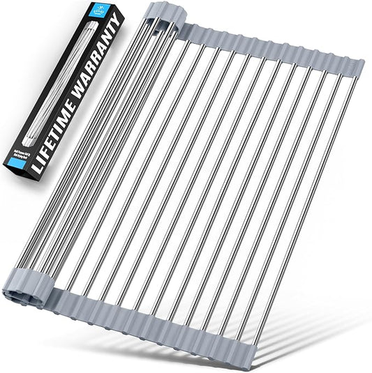 Zulay Kitchen Over The Sink Dish Drying Rack, Roll Up Heavy Duty Stainless Steel Design for Easy Storage & Durability | Dishwasher Safe 17.5” x 12.5