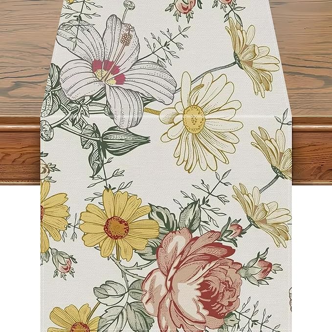 Snycler 13x108 Inch Table Runner Wildflowers Floral Spring Table Runner, Seasonal Summer Daisy Kitchen Dining Table Luxury White Linen Decoration for Home Party