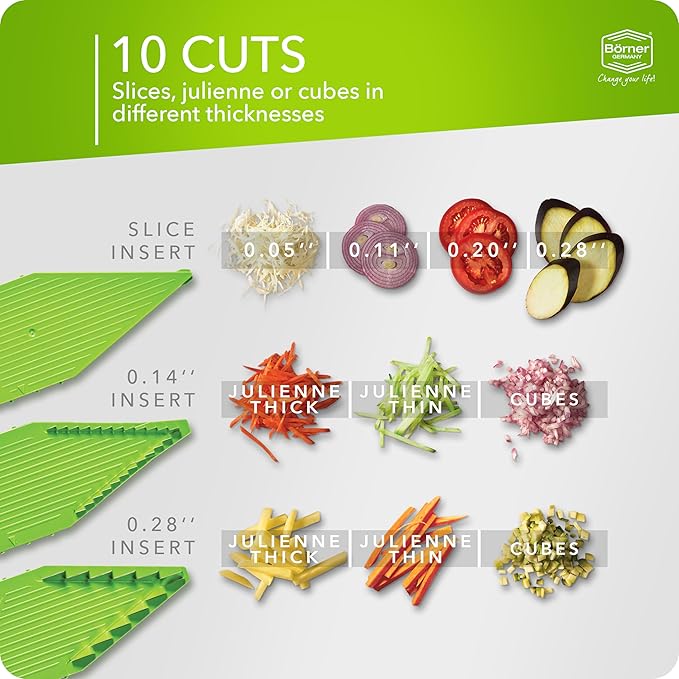Börner Mandoline Slicer V5 (Professional Set) • Adjustable Vegetable Slicer (7-piece) • 10 Cutting Styles • Kitchen Slicer incl. Docking Station • Stainless Steel V-Blade • Color: Green