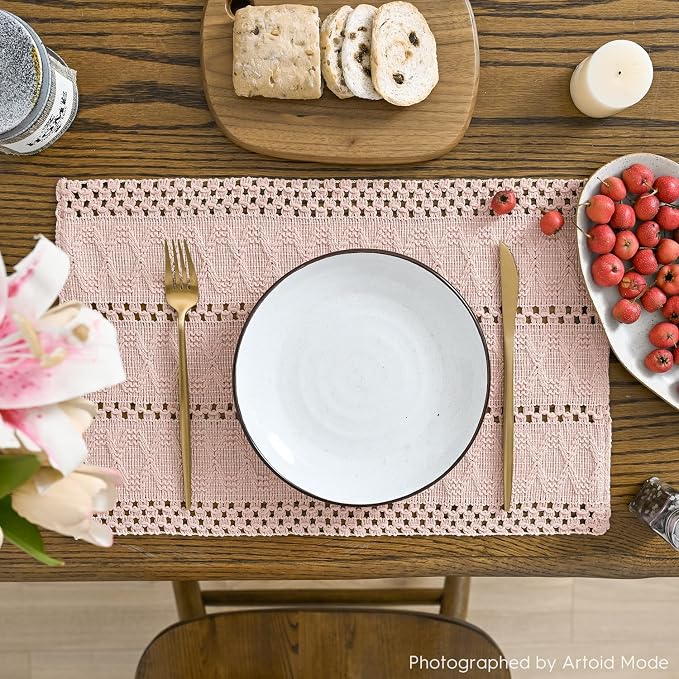 Artoid Mode Pink Farmhouse Woven Rustic Hollow Placemats Set of 6,12x18 Inch Seasonal Holiday Table Mats Party Kitchen Dining Decoration