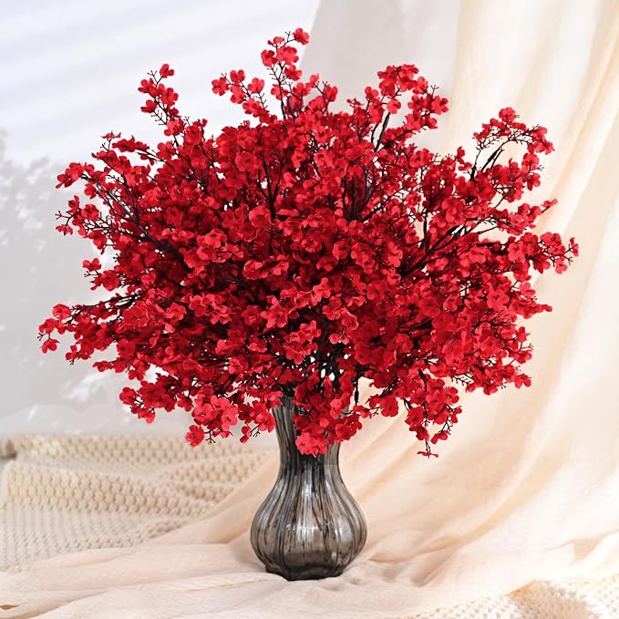 Waipfaru Red Fake Flowers, 15 Pcs Babys Breath Artificial Flowers, Real Touch Silk Flowers Fall Stems for Spring Summer Fall Thanksgiving Christmas Decor Floral Arrangement