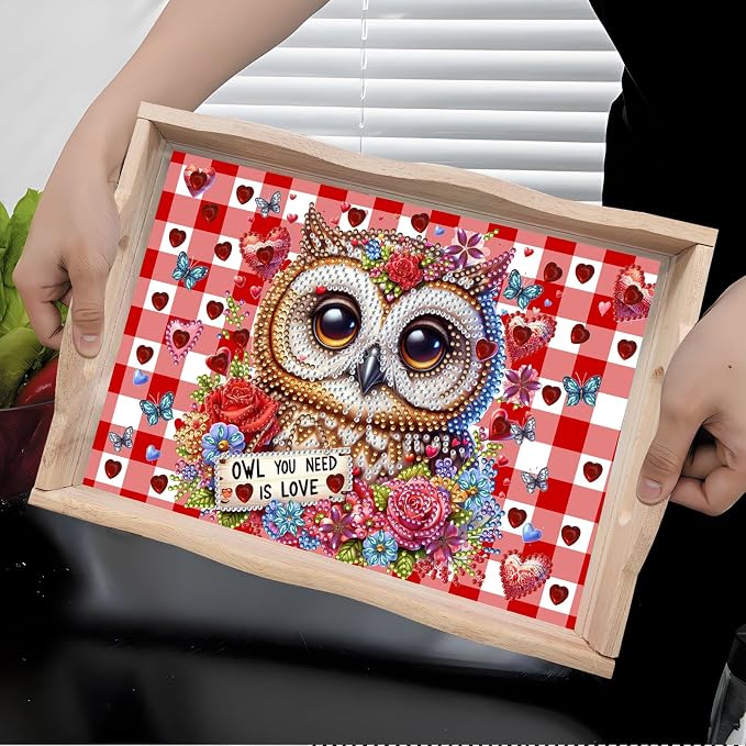 BAYUNOE DIY Diamond Serving Tray Rectangular Breakfast Tray with Handle Handmade Diamond Art Painting Wooden Tray Valentine's Day Red Plaid Dinner Plate Coffee Room Living Home Organizer-2Pcs-01