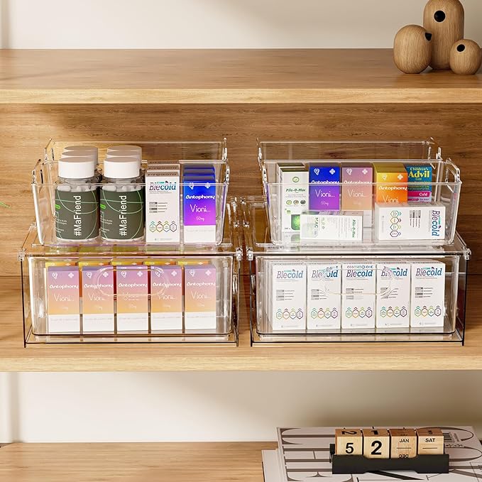 Refrigerator Organizer Bins with Pull-out Drawer 6 Pack Stackable Clear Fridge Drawer Organizer Fruit Vegetable Storage Containers for Kitchen Pantry Organization (2 Large+4 Medium)