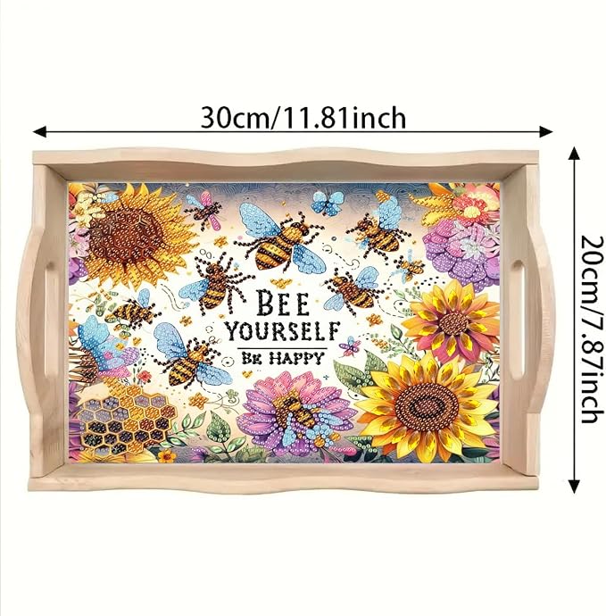 BAYUNOE DIY Diamond Serving Tray Rectangular Breakfast Tray with Handle Handmade Diamond Art Painting Wooden Tray Spring Creative Dinner Plate Coffee Room Living Home Organizer-Sunflower Bee