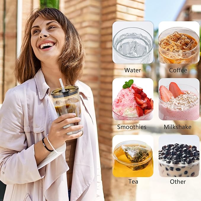 15oz Iced Coffee Glass Cup with Lid and Straw Thick Leak Proof Drinking Glasses Tumbler Set of 2 for Gift Cold Drink Smoothie Boba Tea(Clear*2)