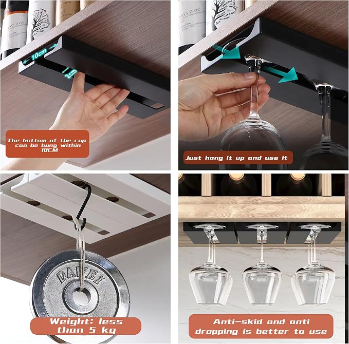 Wine Glass Holder Under Cabinet ，Wine Glass Rack - Under Cabinet Stemware Wine Glass Holder Glasses Storage Hanger plastic Organizer for Bar Punch-free Self-adhesive 2 Pack（White）