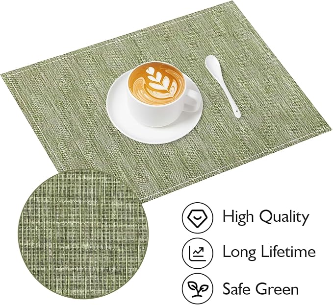 Niviy Green Placemats Set of 12, 12x18 Inch Washable Easy to Clean Heat-Resistant Anti-Skid Sage Green Placemats for Holiday Party Kitchen Dining Room Decoration