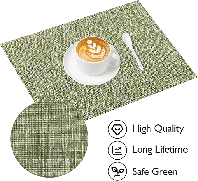 Niviy Green Placemats Set of 4, 12x18 Inch Washable Easy to Clean Heat-Resistant Anti-Skid Sage Green Placemats for Holiday Party Kitchen Dining Room Decoration
