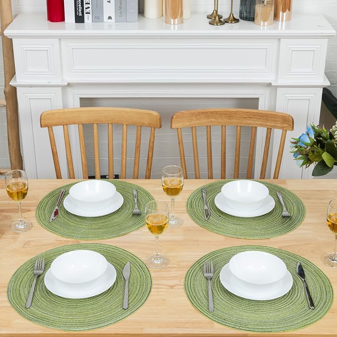 Winknowl Round Braided Placemats Set of 4 Washable Woven Heat Resistant Table Mats for Kitchen Dining Tables 15 inch Round Place Mats (Pea Green,4)