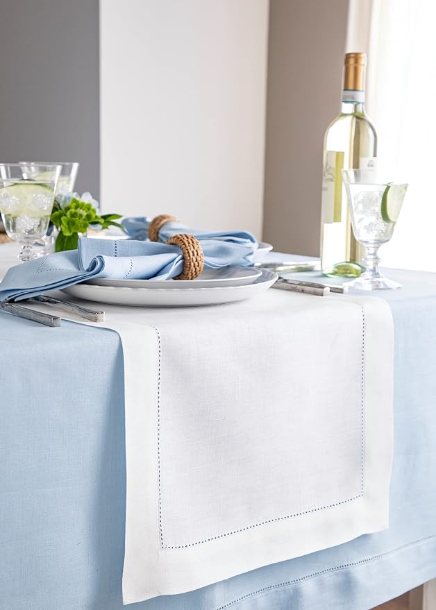 Solino Home Linen White Table Runner 132 Inches Long - 100% Pure Linen Extra Long Table Runner 14 x 132 Inch for Summer, 4th of July - Classic Hemstitch