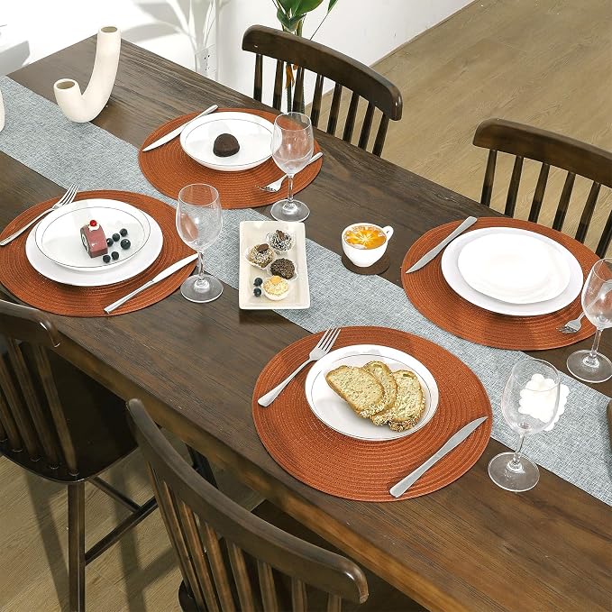 SHACOS Round Placemats Set of 6 Washable 15 inch Round Placemat Cotton Polyester Woven Braided Table Place Mats for Dining Table Decor, Dark Orange