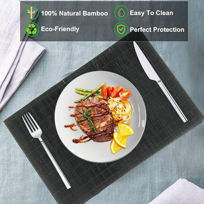 Set of 12 Pcs Bamboo Placemats - Natural & Brown & Black, Anti-Slip, Heat-Resistant, Washable Table Mats for Dining and Kitchen