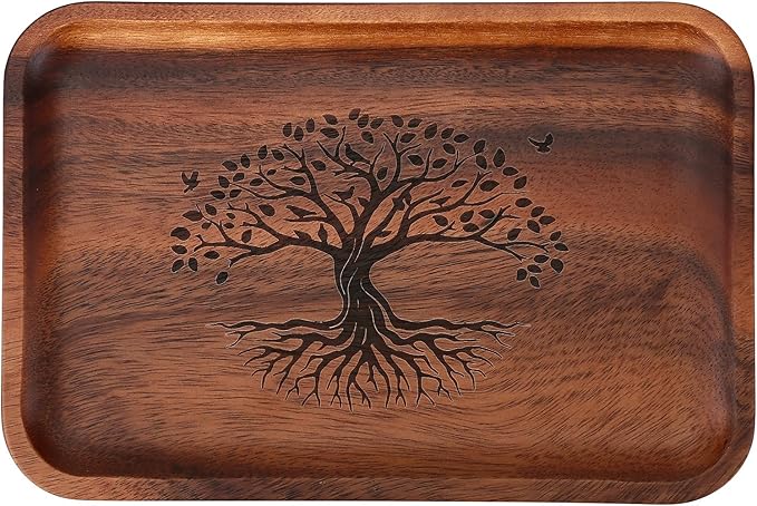 The Tree of Life Serving Acacia Wood Valet Tray for Men Women, Catch All Acacia Mens Key Dump Bedside Nightstand Organizer EDC Wooden Tray for Phone Watch Wallet Keys Jewelry