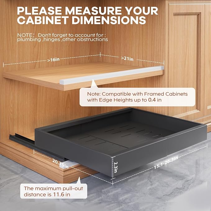 Seinloes 4 Pack Expandable (15.1"-26.3") Pull Out Cabinet Organizer 21" Deep With Raising Pad for Framed Cabinets,Upgrade 3 Slide Rails Slide Out Drawers,No Drill Roll Out Shelves Adhesive,Black