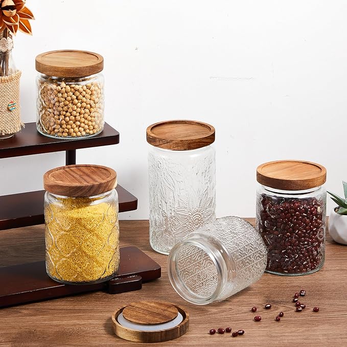 Gerrii 5 Pcs Vintage Glass Food Storage Containers 17/24/34 oz Glass Jar with Lid Airtight Candy Food Canisters for Kitchen Counter Pantry Coffee Beans(Clear,Begonia，sunflower ，window Grilles Round)